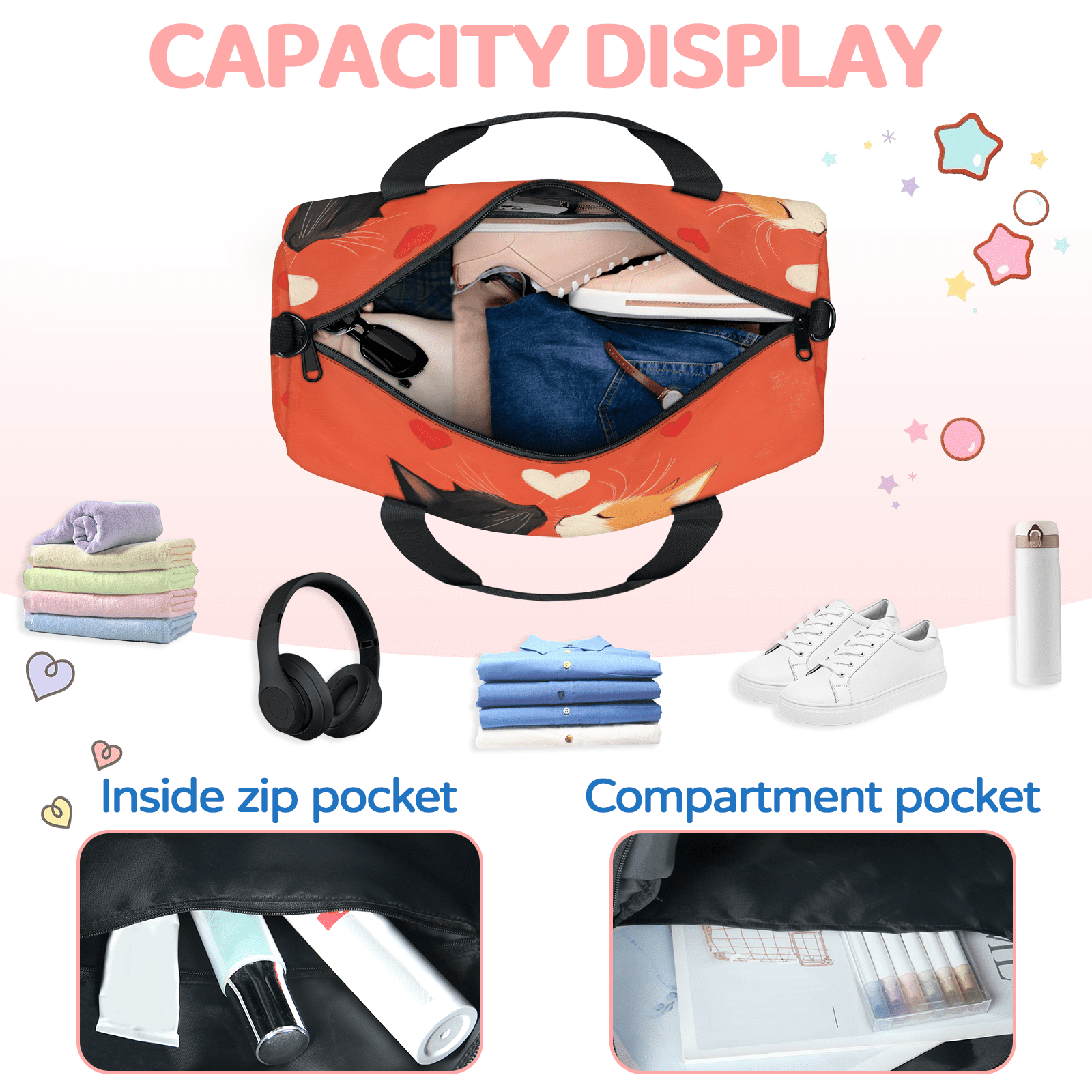 Herdesigns Cats Travel Duffle Bag Sports Yoga Weekender Overnight Carry on Workout Bags Lightweight Waterproof Gym Tote Bag for Women Cute