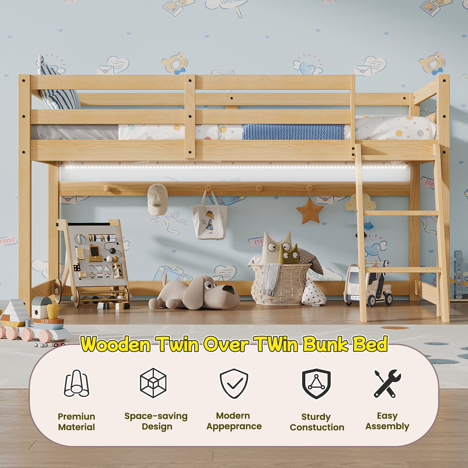 Kids Loft Bed, Twin Low Loft Bed - Solid Wood Convertible Bed with LED Strip Lighting and 6 Wooden Hooks, Transforms to Bunk Bed, Safe for Kids Room, Easy Assembly, Oak Finish