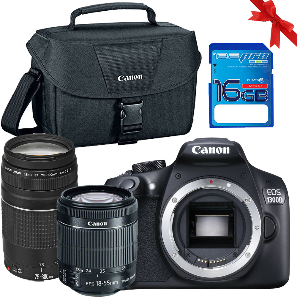 Canon 1300D DSLR Camera with 1855mm + 75300mm Lenses + SD Card + Pixi