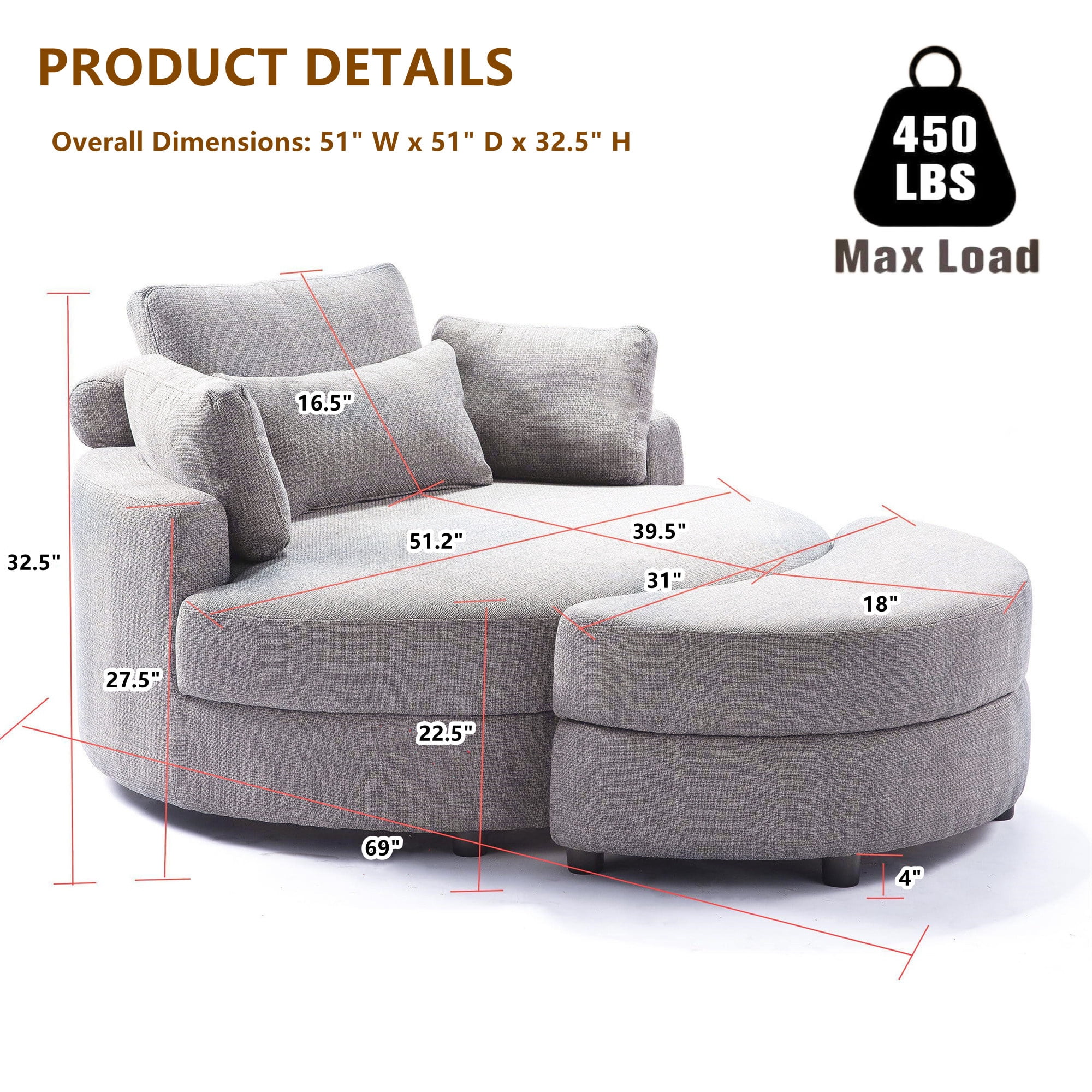Aukfa 51"W Oversized Barrel Chair Accent Chair with Ottoman for Living Room Bedroom, Linen, Black