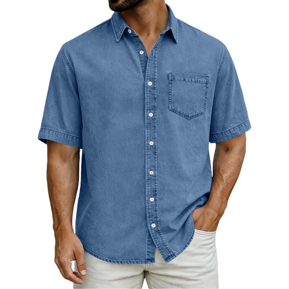 CIENVNSTG Distressed Denim Shirts Shirts for Men Short Sleeve Button Front Shirt with Chest Pocket Summer Casual Vintage Washed Loose Fit Denim Shirt Blue XXXXL
