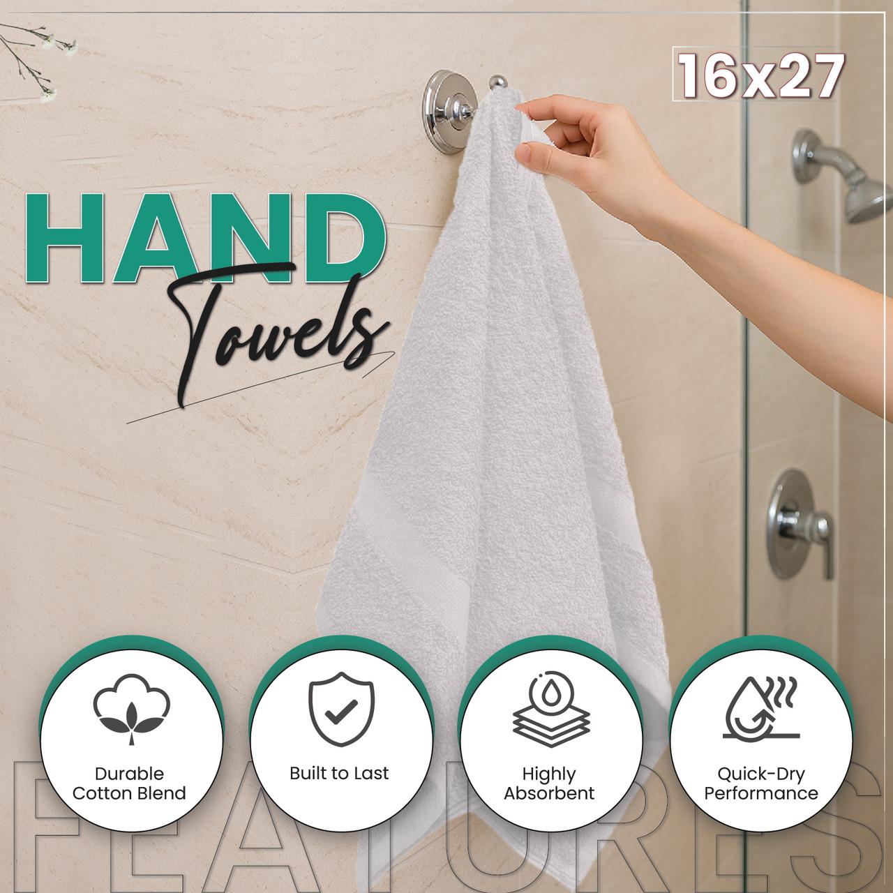 SupremePlus Soft Absorbent and Durable 16” x 27” Cotton Blend Hand Towels, White 12 Count