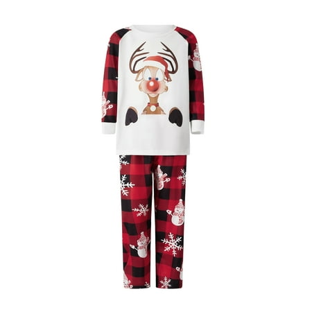 

hirigin Christmas Pajamas for Family Long Sleeve Reindeer Print Tops + Plaid Pants Set Sleepwear
