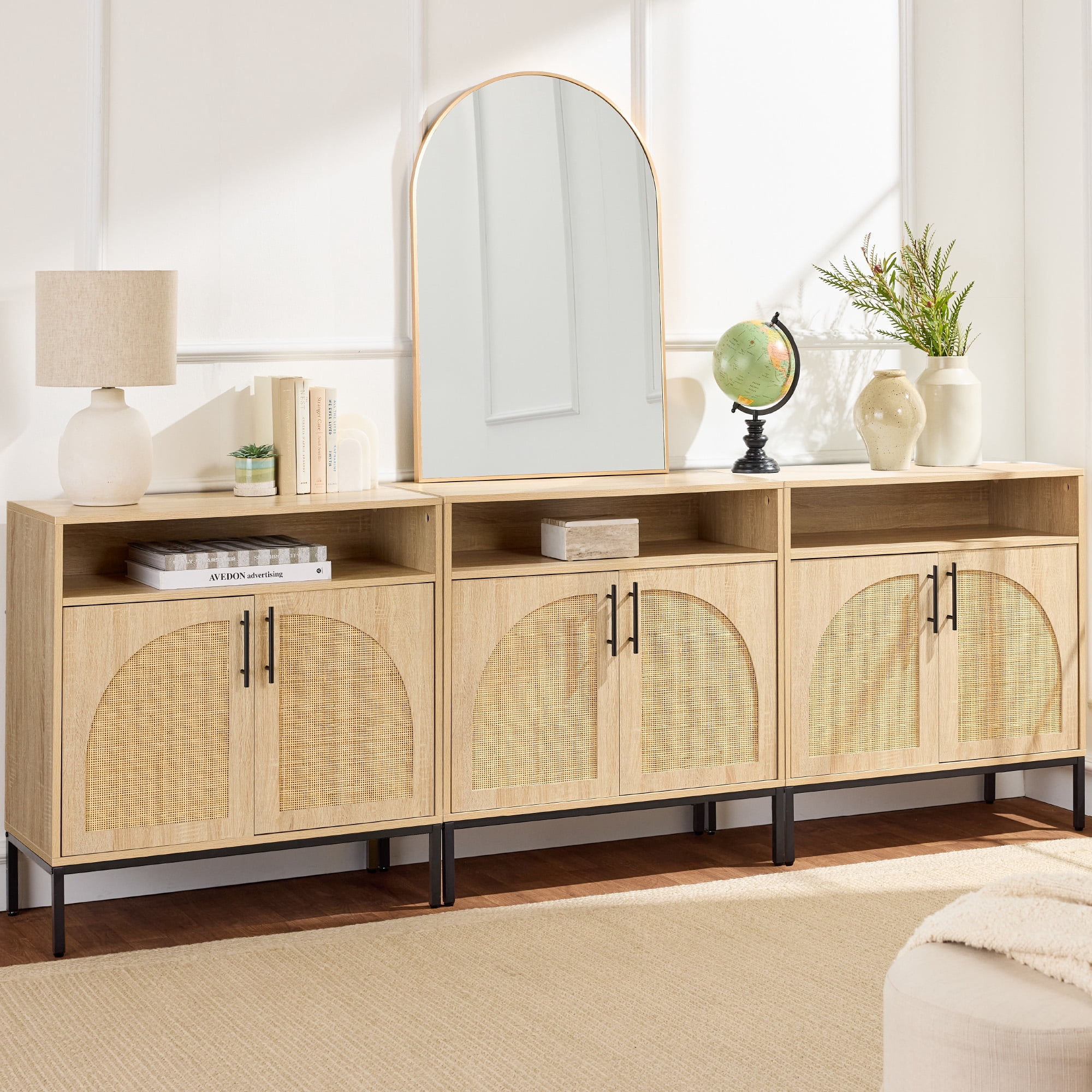 Best Choice Products Arched 2-Door Rattan Cabinet, Sideboard, Buffet, w/ Cord Cutout, Adjustable Storage Shelf - Natural