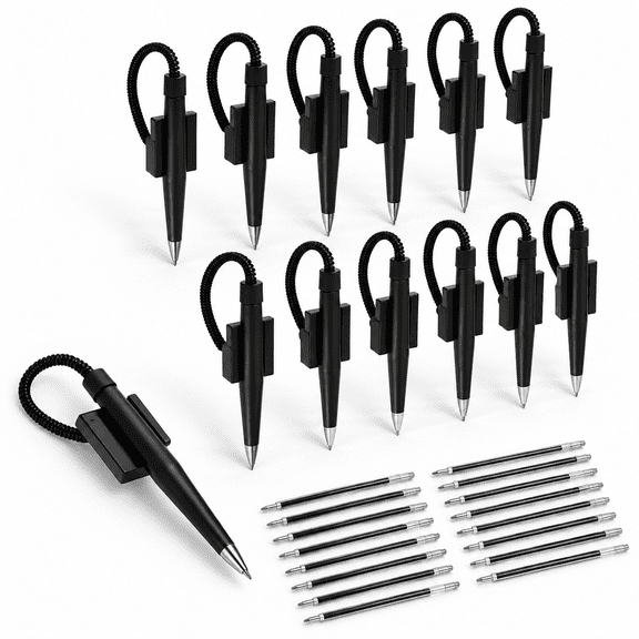 12 Pack Tethered Pens With Chain And Adhesive Base, Refills Included