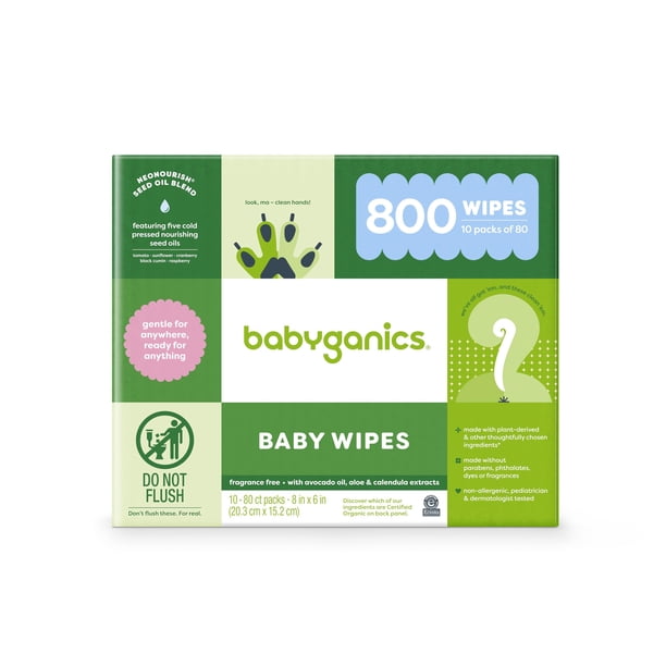Toallitas para pañales Babyganics, sin perfume, 800 unidades, a base de plantas