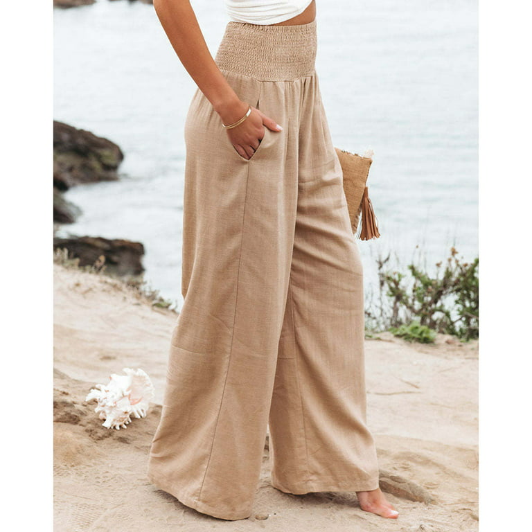 YWDJ Linen Pants for Women Beach With Pockets High Waist High Rise Elastic  Waist Casual Straight Leg Solid Color Bandage Comfortable Pants for