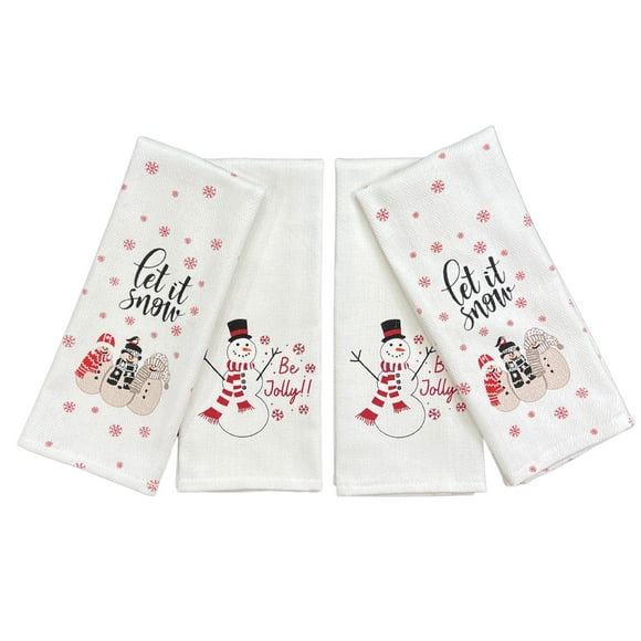 Home Decor Holiday Seasonal Kitchen Dish Towels: Four (4) Herringbone Hand Towels: Two (2) Let It Snowman and Two (2) Be Jolly Snowmen, 100% Cotton