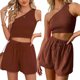 thumbnail image 3 of Ropa de playa para mujer conjuntos casuales a juego de dos piezas a la moda Color sólido combina con todo FLhrweasw Para estrenar, 3 of 7