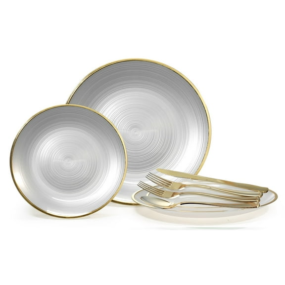" OCCASIONS " 150 Piece set (25 Guests)-Wedding Plastic Plates & cutlery -Disposable Dinnerware 10'', 7''   Gold Silverware w/double fork (Belize in White Pearl & Gold)