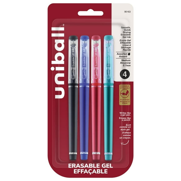 Stylos gel effaçables uniball™, pointe moyenne (0,7 mm), couleurs commerciales, paquet de 4
