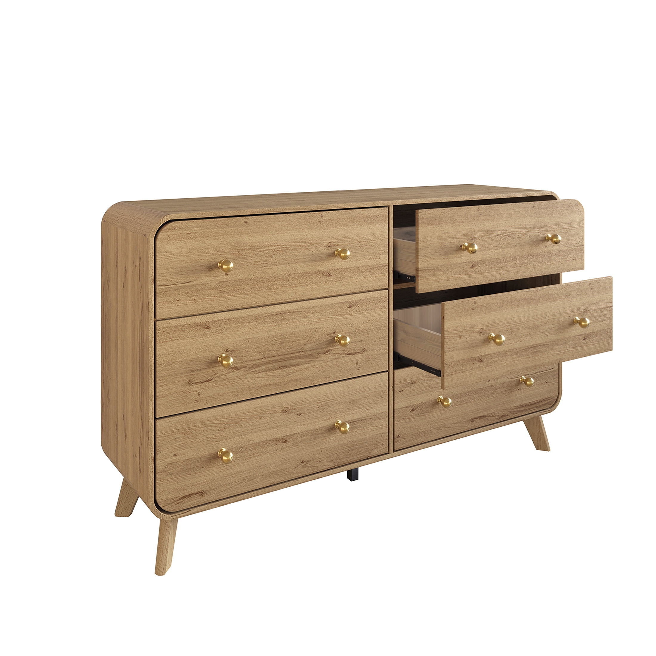 Castle Place Mid-Century 6 Drawer Wooden Dresser, Light Oak