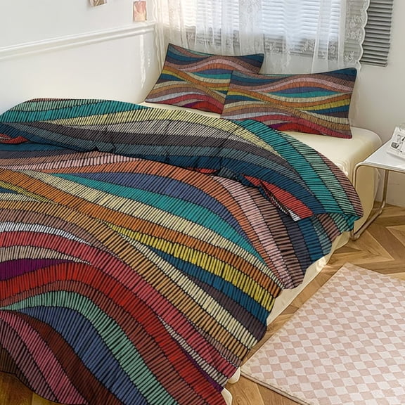 3 Pcs Soft Bedding Set, Includes 1 Duvet Cover with Zipper And 2 Pillow Shams,70s Retro Colorful Wavy Twin(86"x70")