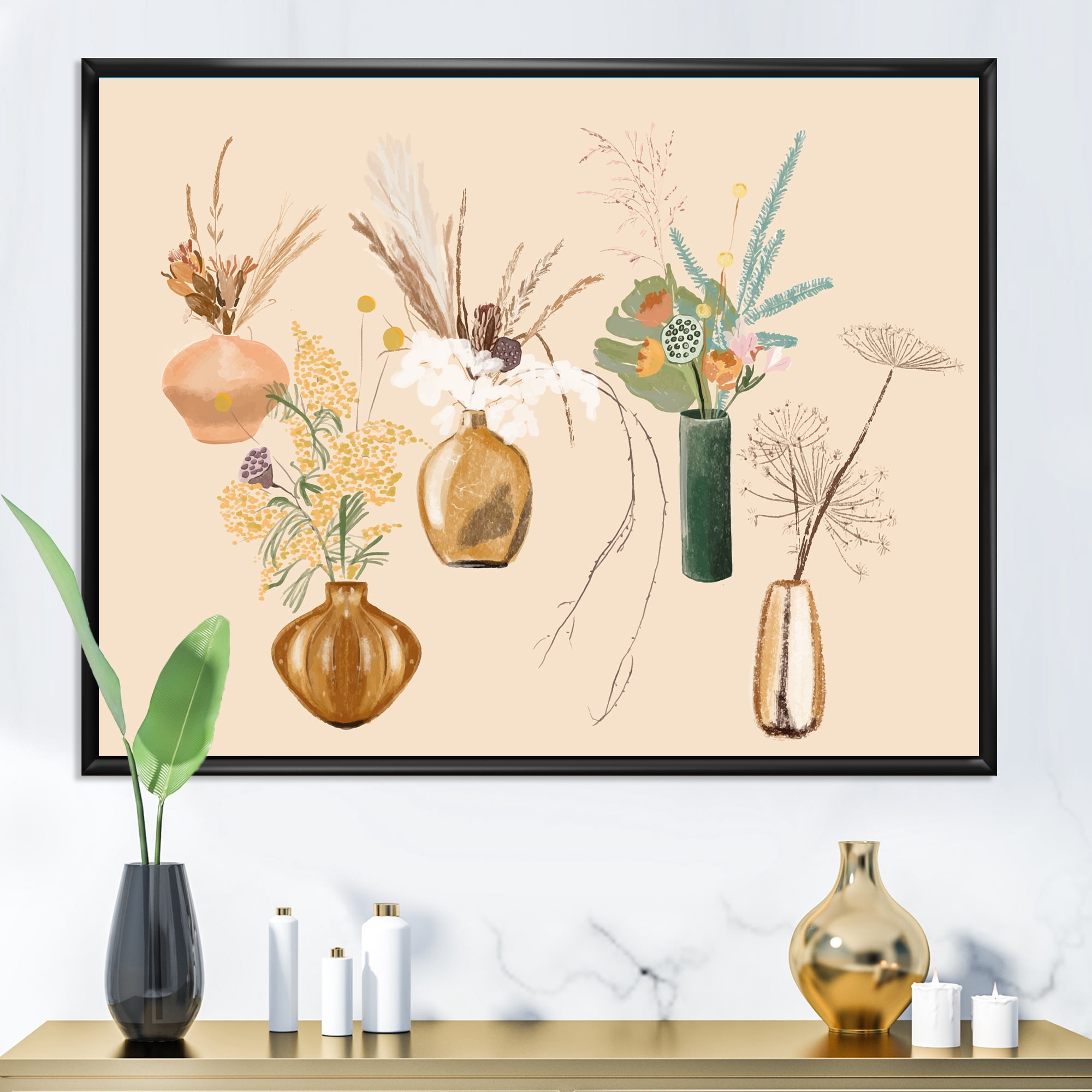 Designart 'Gold Vases With Bouquets Of Wildflowers III' Traditional Framed Canvas Wall Art Print