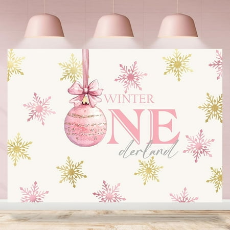 7x5FT 1st Birthday Backdrop for Girls Pink Bowknot Winter Onederland Snowflake Photography Background First Birthday Party Decorations Supplies Cake Table Banner Photo Booth Props