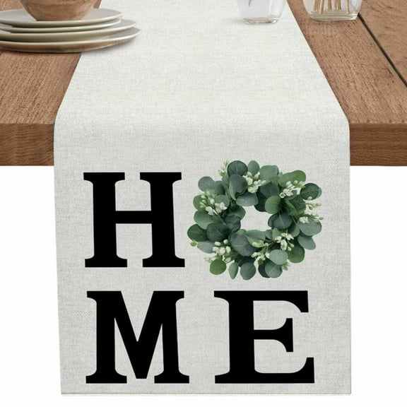 Green Eucalyptus Leaves Black Home Quote Table Runner-70 Inch Long Vintage Linen Table Runners Linen Burlap Tablerunner for Kitchen Dining Room Holiday Party