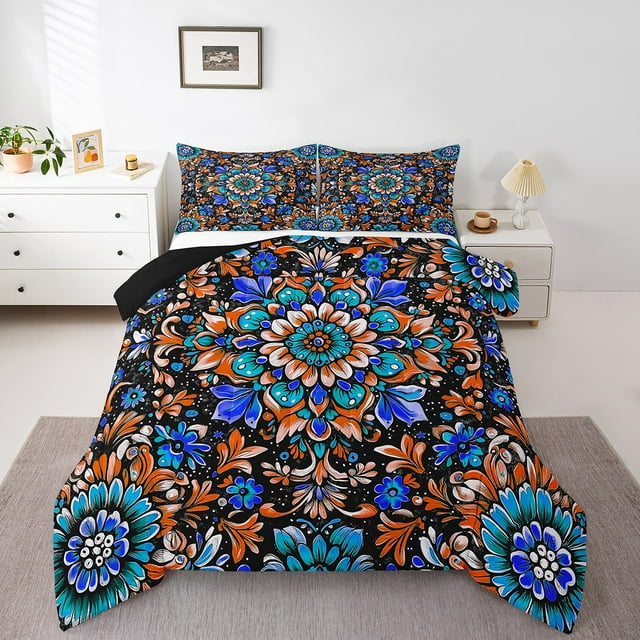 Erosebridal Couette Mandala Hippie, Couette en Duvet Fleur Boho, 3 Pcs, Réversible Noir