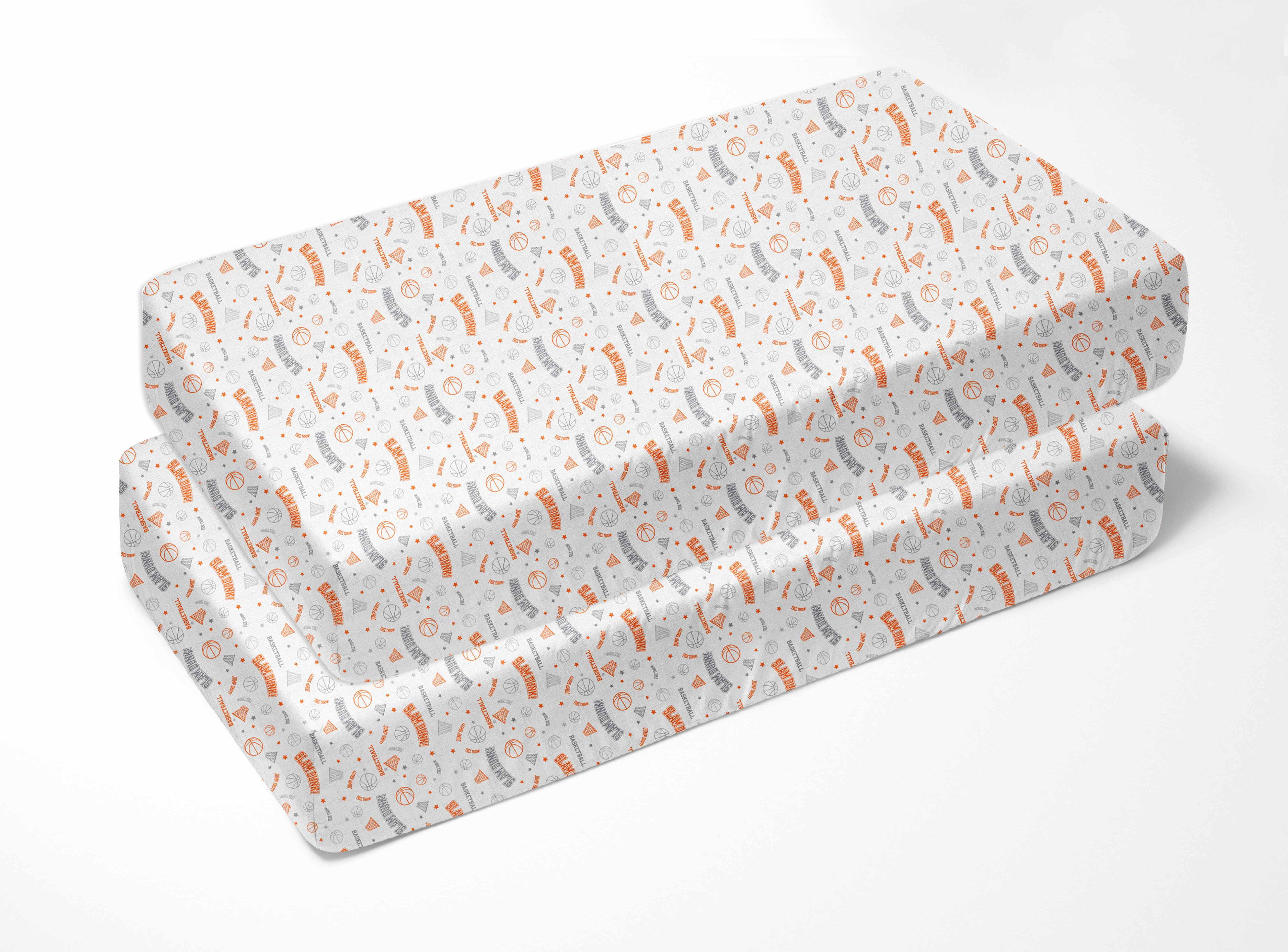 Bacati - Sports Crib/Toddler Bed Fitted Sheets 100% Cotton Muslin 2 Pack, Basketball Orange/Grey
