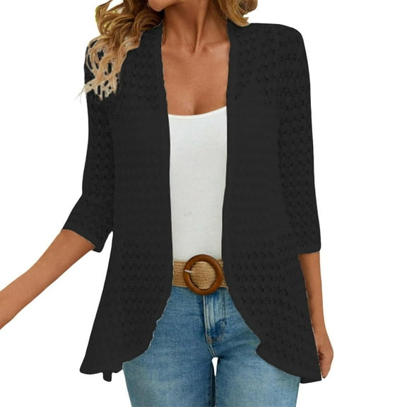 BODOAO Women's Casual Lightweight Open Front Cardigans Soft Comfy Draped 3/4 Sleeve Crochet Eyelet Cardigan Shrug Coverups Autumn Patterned Lace Hollow Lace Solid Color Sleeved Cardigan Black L