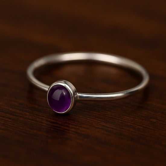Round Amethyst Gemstone Ring, 925 Solid Sterling Silver, Simple Everyday Ring, February Birthstone Jewelry