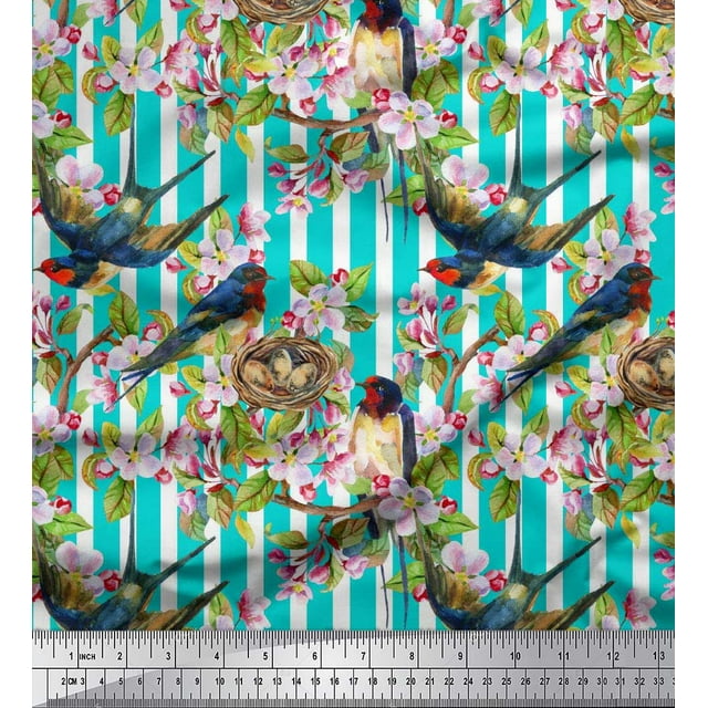 Soimoi Polyester Crepe Fabric Bird,Stripe & Periwinkle Floral Print Fabric by The Yard 52 Inch Wide