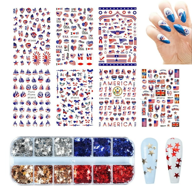 Pegatinas patrióticas para uñas del 4 de julio, pegatinas para uñas del Día de la Independencia, pegatinas autoadhesivas 3D para uñas y 12 rejillas, lentejuelas para uñas, suministro holográfico de