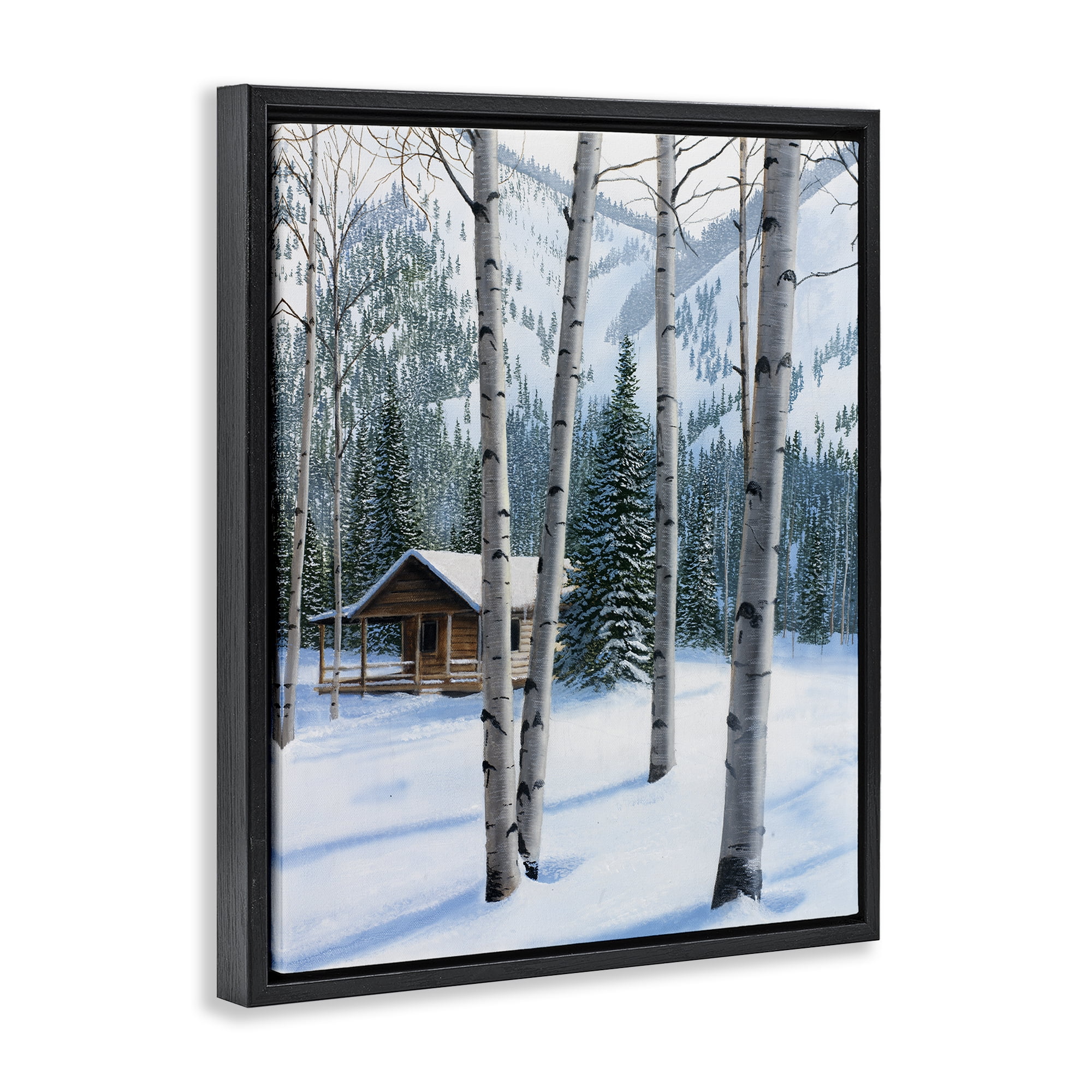 Stupell Industries Snowy Cabin Through Birch Landscape Painting Black Floater Framed Canvas Art Prints Wall Art, 25 x 31