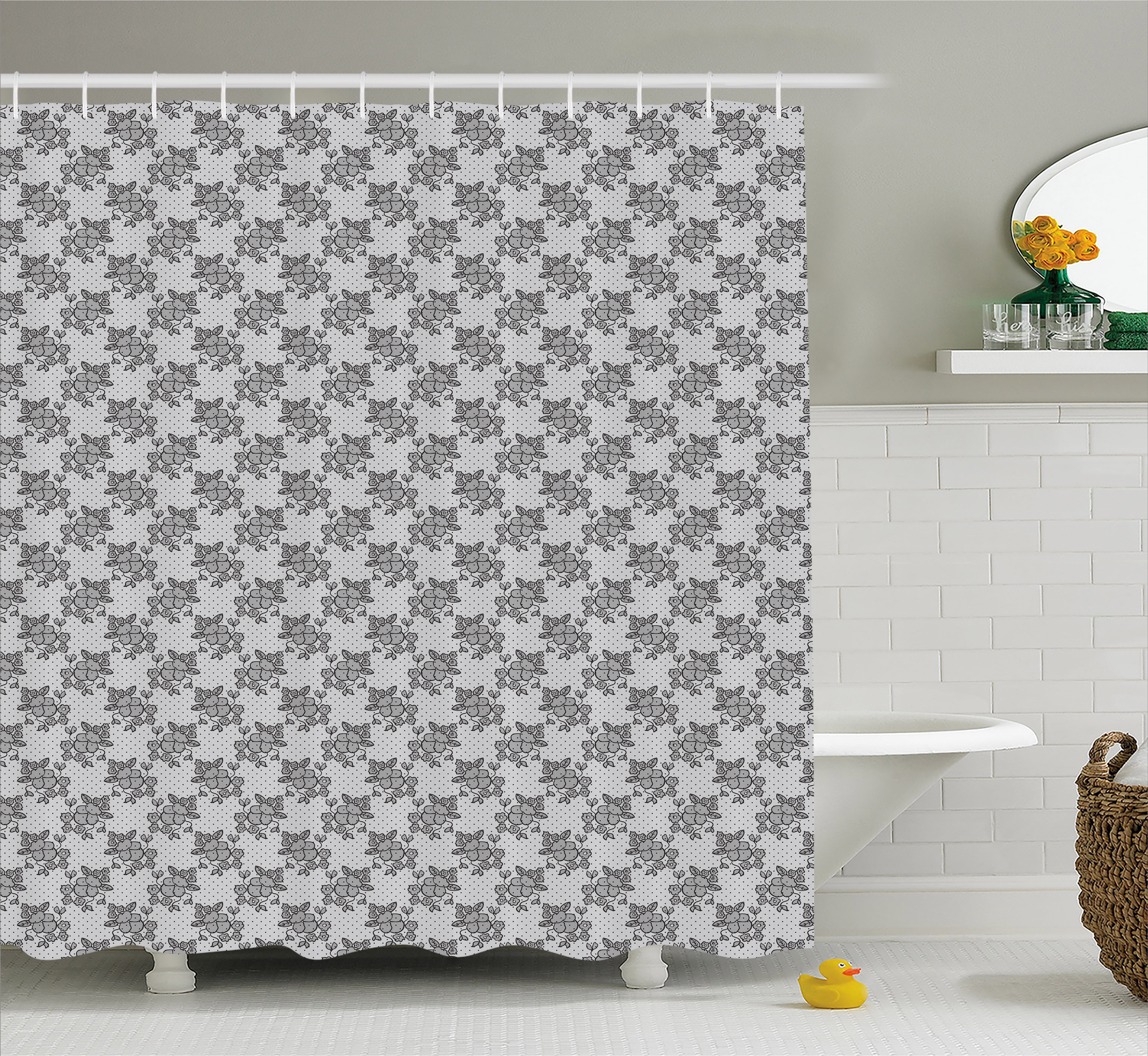 Victorian Shower Curtain Lace Style Background With Fl Motifs Monochrome Petals Leaves And Stalks Fabric Bathroom Set Hooks 69w X 70l