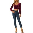 thumbnail image 2 of MODA NOVA Juniors Velvet O-Ring Cut Out Sweetheart Neck Long Sleeve Crop Blouse Top, 2 of 5