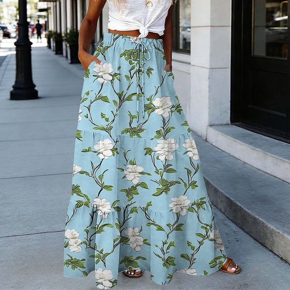 qelini Floral Maxi Skirt for Women Long Skirt with Pockets High Waist A-line Skirt Print Beach Casual Skirt
