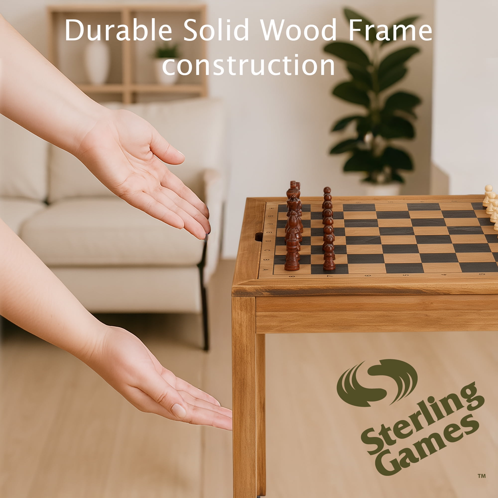 Sterling Games Wooden Chess Table with Checkers Backgammon Combo Set, Rustic Oak