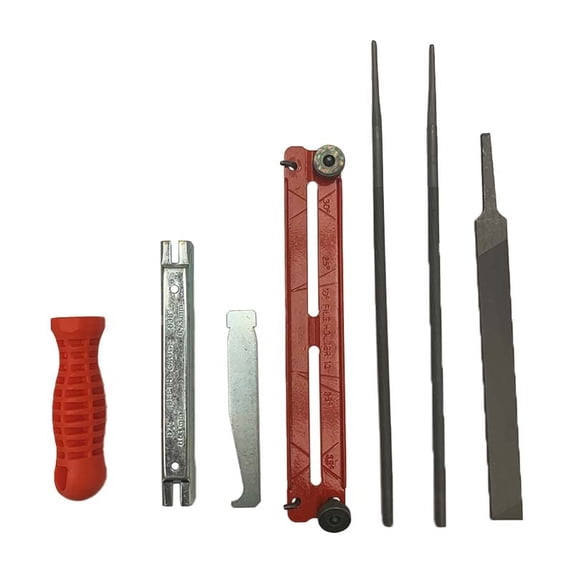 Chainsaw Sharpening Kit for 3/8" Low Profile Pitch Chain - Includes Two 5/32" Round Files, 6" Flat File, Filing Guides, Handle, and Pouch