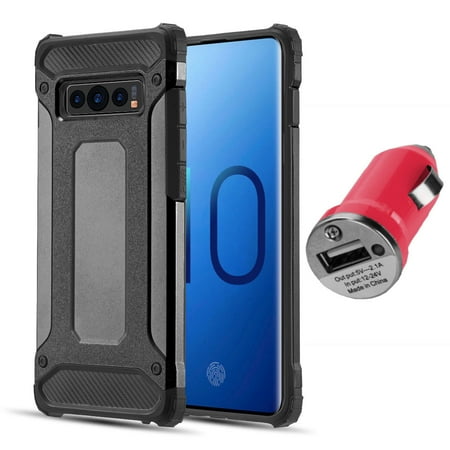 BUNDLE: Rugged Performance Dual Layer Hybrid Case for Galaxy S10 (Black) & USB Car Charger Adapter - Ultra Lightweight Port Covers Bumper Corner Protection Shock Absorption Raised Lip Guard