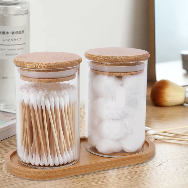 Nyidpsz Cotton Ball Organizer 2pcs Cotton Swab Holder with Bamboo Lid
