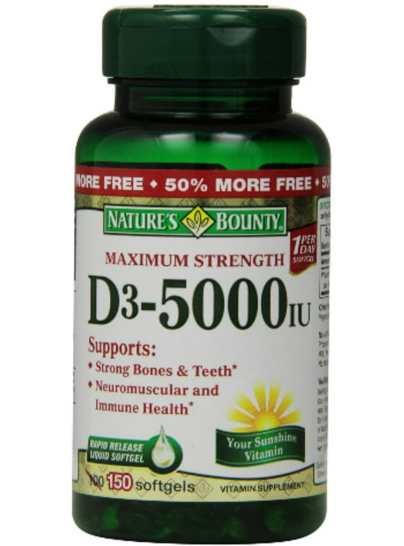 Nature's Bounty Vitamin D-5000 IU Softgels, Maximum Strength 100 ea (Pack of 4)