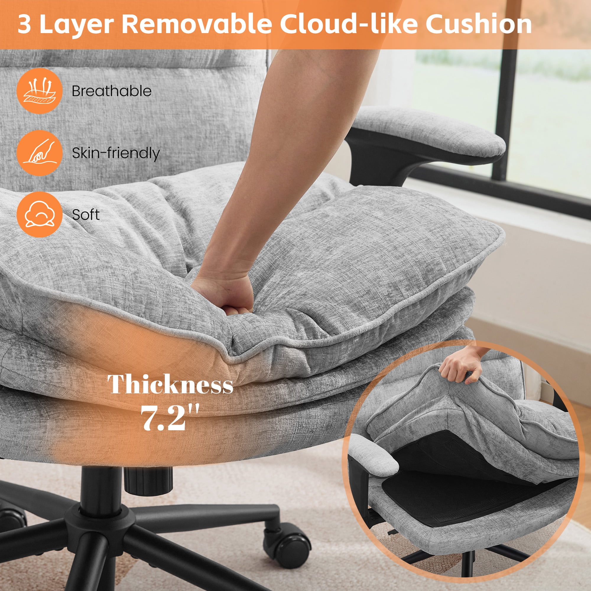 DOMICARE Criss Cross Chair with Flip-Up Arms, Wide Cross-Legged Office Chair with Wheels, Swivel Vanity Desk Chair, Gray Chenille