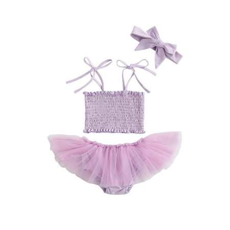 

EYIIYE Baby Girls Sleeveless Strappy Smocked Crop Tops Tutu Shorts Headband Summer Outfits