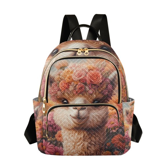 JIALIOU Mini Backpack Purse for Women Quilted Casual Daypack Small Travel Shoulder Bag, Alpaca in Flowers Sea
