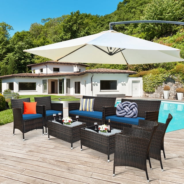 Costway Ensemble de Mobilier de Patio en Rotin 8 Pcs avec Coussins Canapé Fauteuil Table Basse Bleu Paon