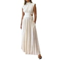thumbnail image 5 of Women Summer Casual Polyester Long Dress Solid Color Stand Collar Waist Hollow-Out Sleeveless Dress Beach Holiday Loose Dress, 5 of 10