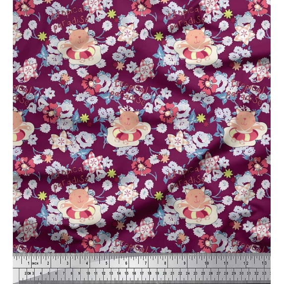 Soimoi Rayon Crepe Fabric Floral & Cat Cartoon Print Fabric by Yard 46 Inch Wide