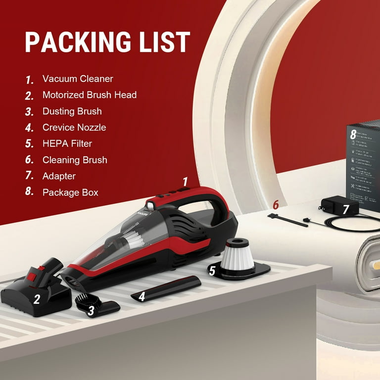 VacLife Cordless Handheld Vacuum Car Vacuum Cleaner Rechargeable with Motorized Brush Powerful Stair Vacuum w Reusable Filter LED Light Red