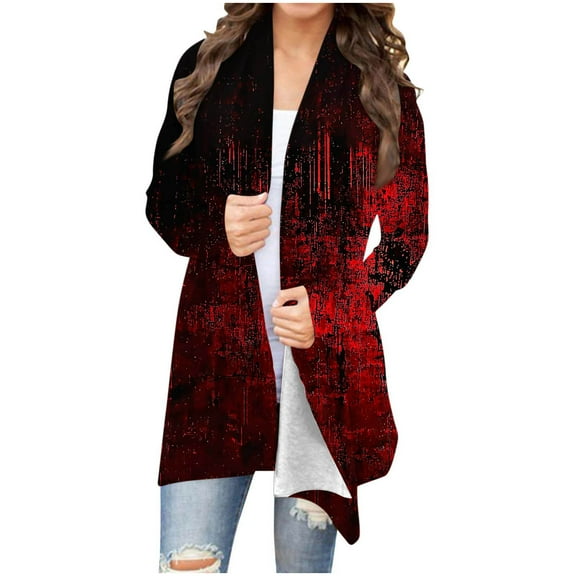 TFEOQRY Women's Evil Pattern Cardigan Long Sleeve Open Front Coat Casual Fall Winter Outerwear Red