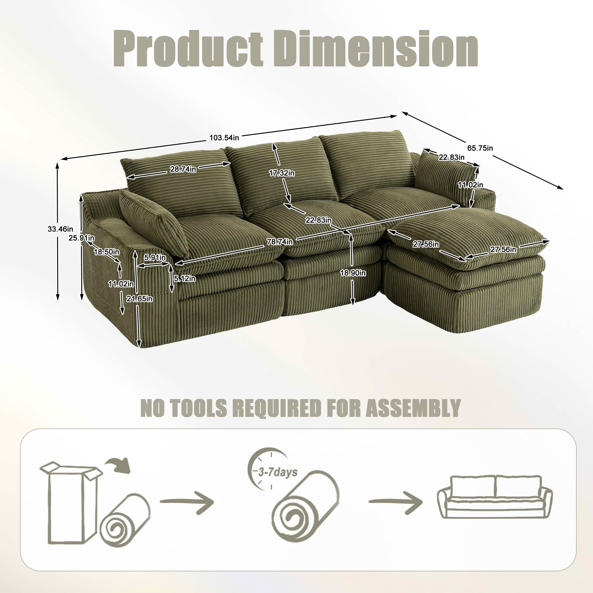 MAYEERTY Modular L Shape Corduroy Sectional Sofa, Compressed Boneless Cloud Couch with Footstool & Pillows for Small Living Space