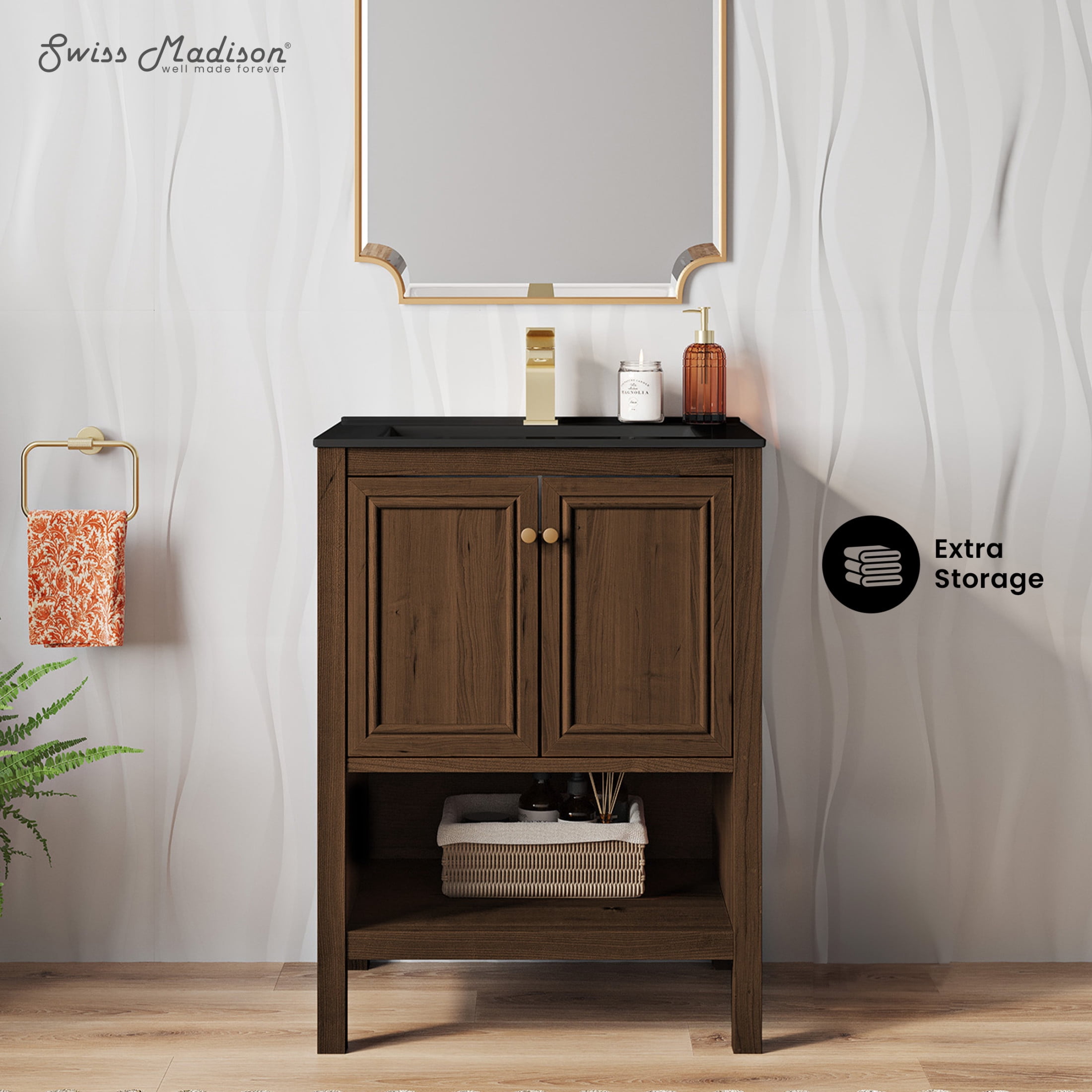 Chateau 24" Freestanding Bathroom Vanity in Brown Oak with Black Sink Top