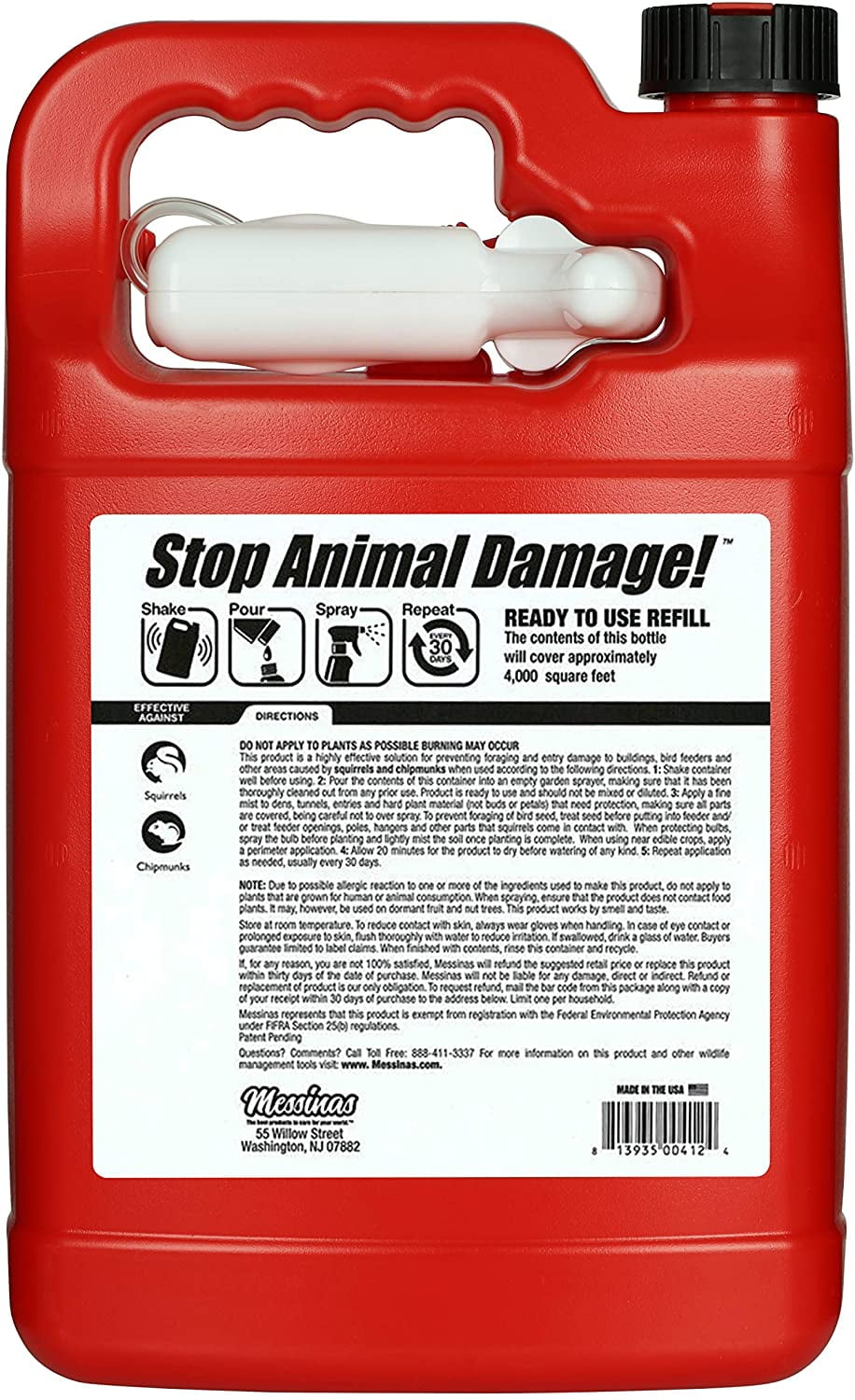 Squirrel Stopper Repellent - Safe & Effective, All Natural Food Grade Ingredients; Repels Squirrels and Chipmunks; Ready to Use, 1 Gallon Liquid Refill Bottle