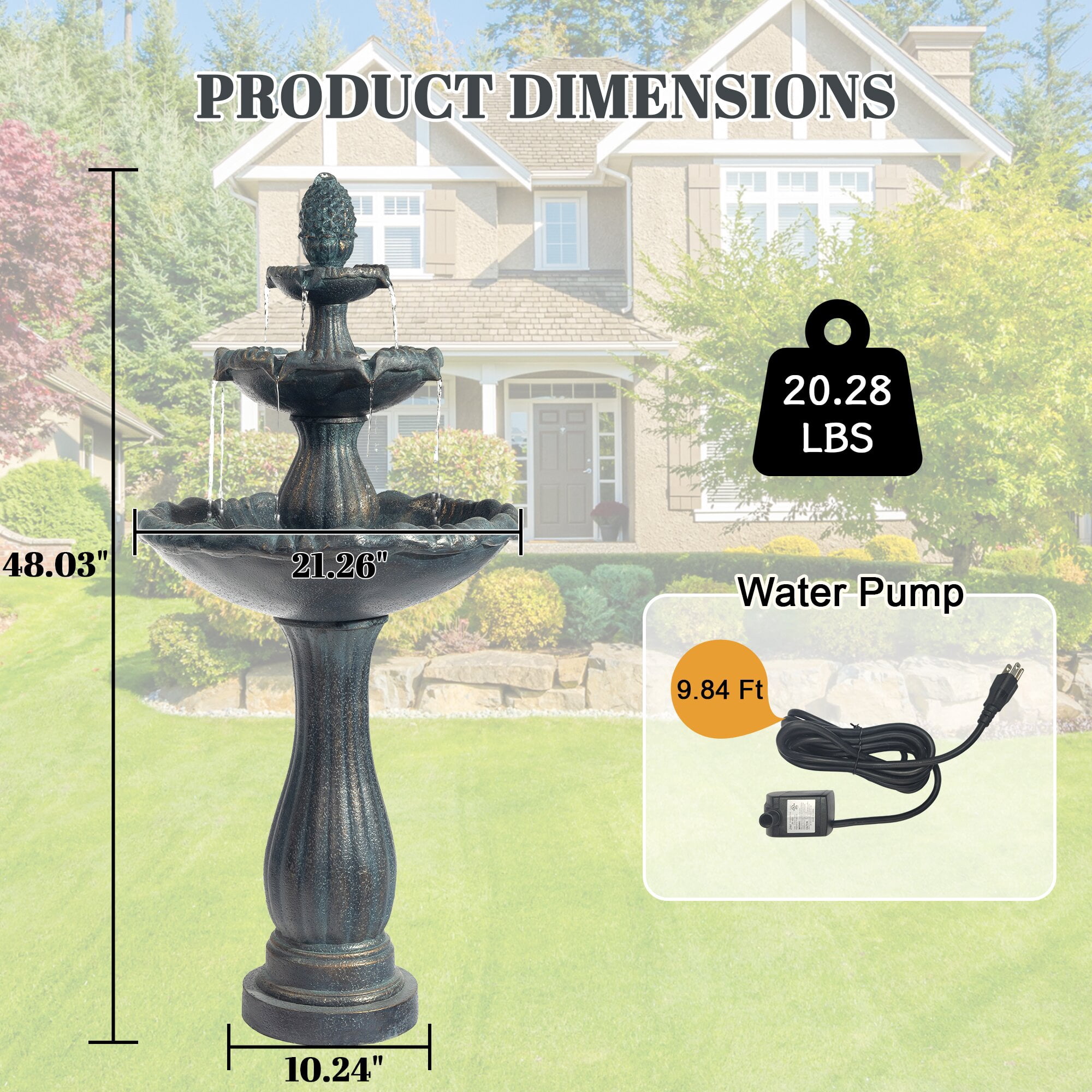 Kaluomm 48" 3-Tiers Outdoor Water Fountain, Italian Pineapple Large Cascading Waterfall Fountains, Weather-Resistant Resin Freestanding Fountain Features for Garden Patio Backyard, Black