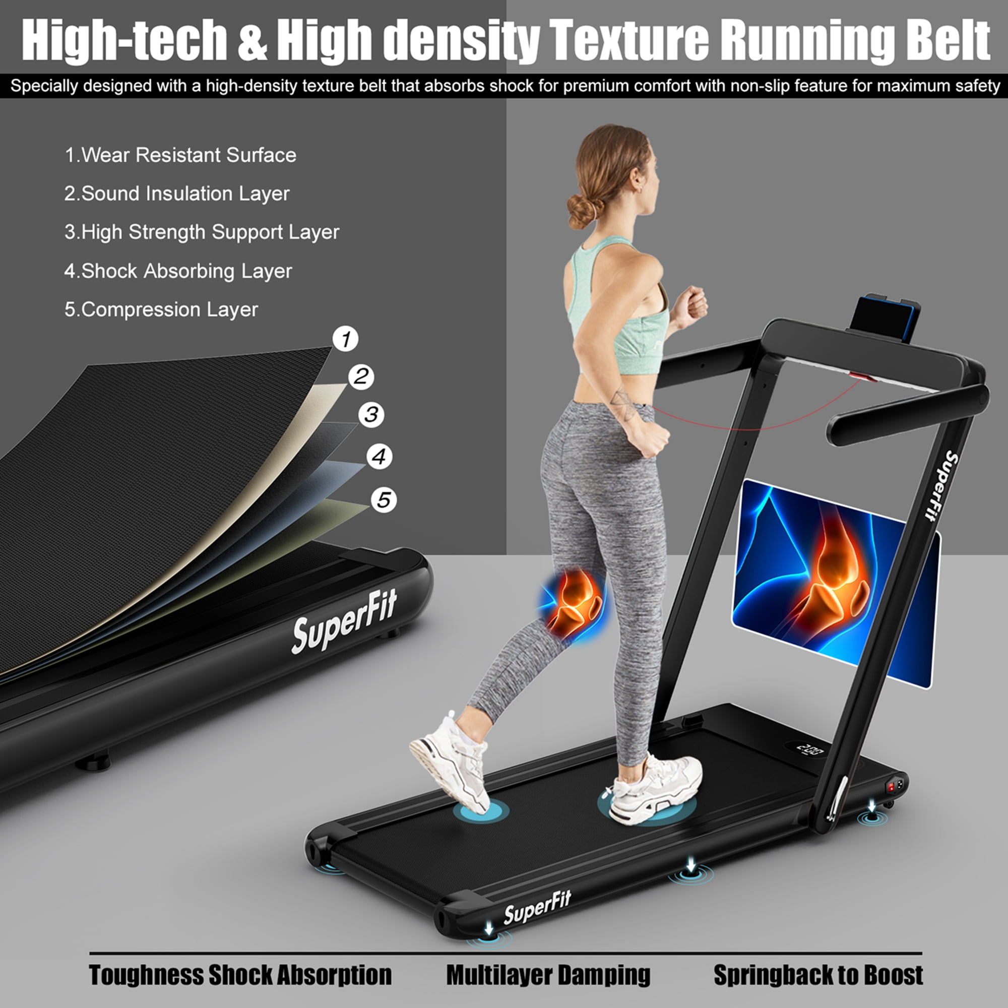 Costway Up To 7.5MPH 2.25HP 2 in 1 Single Display Screen Treadmill Remote Control W/ APP Control Speaker Black