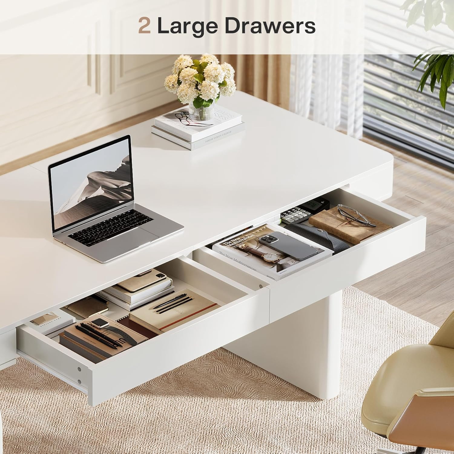 Finmind 63-Inch White Desk with Drawers, Modern Glossy Executive Office Desk, Elegant Writing Computer Table for Home Office or Study, Cream White