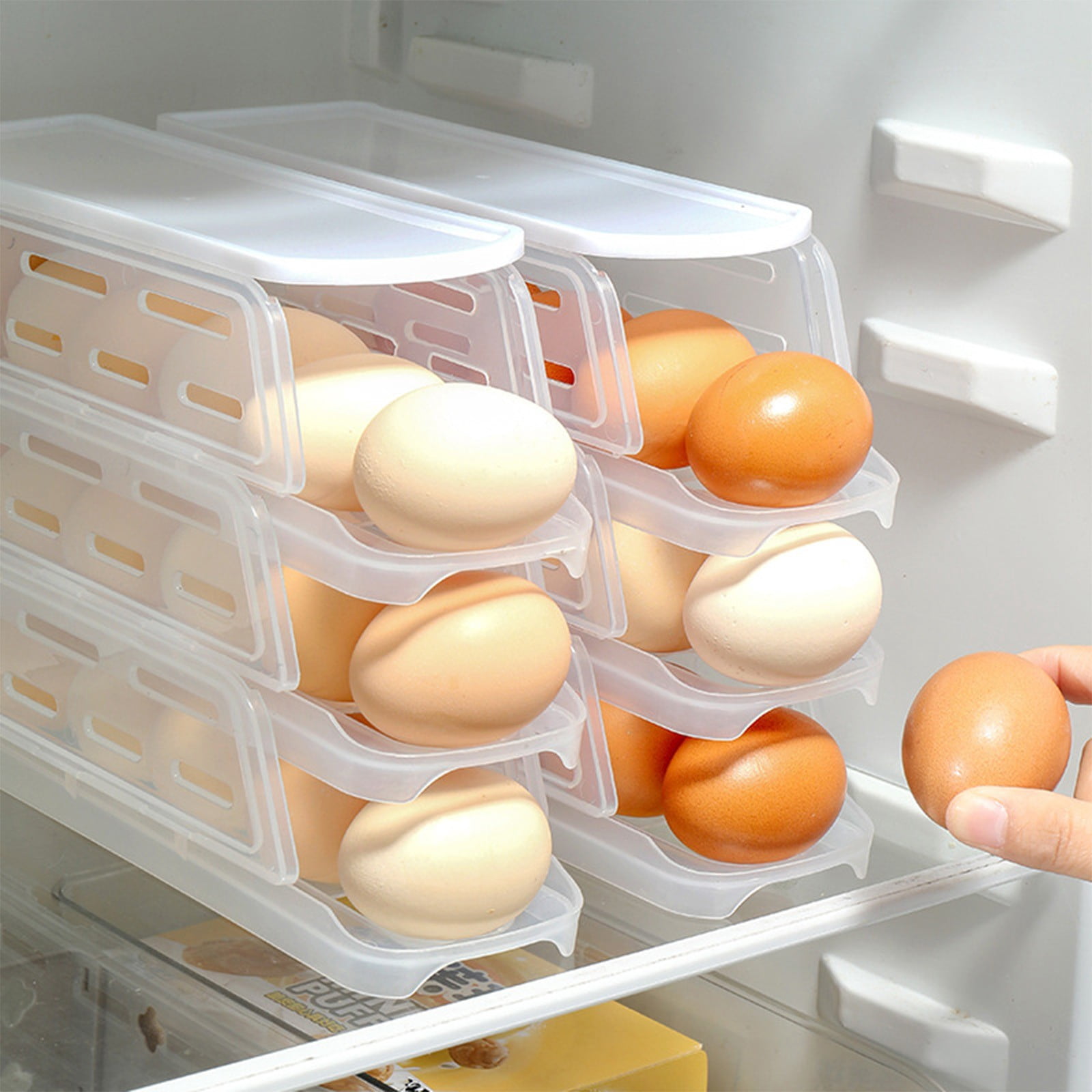 Rolling Egg Organizer Storage Box for Refrigerator Slide Type Egg Carton with Lid Household Kitchen(C)